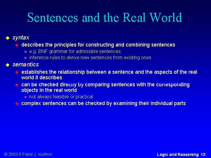 Sentences and the Real World u syntax u describes the principles for constructing and