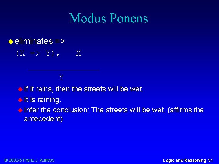 Modus Ponens u eliminates => (X => Y), X _______ Y u If it