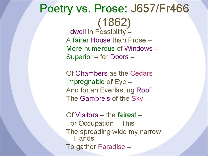 Poetry vs. Prose: J 657/Fr 466 (1862) I dwell in Possibility – A fairer
