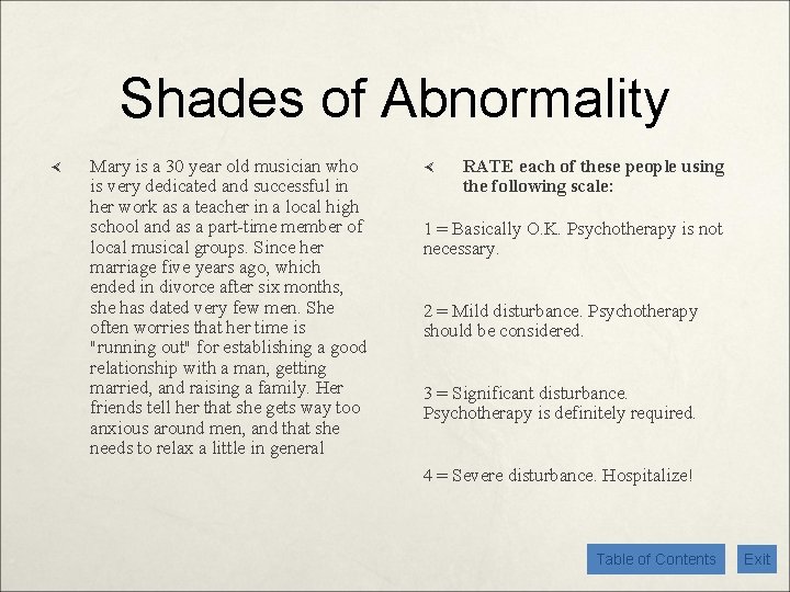 Shades of Abnormality Mary is a 30 year old musician who is very dedicated