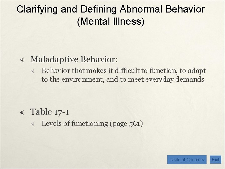 Clarifying and Defining Abnormal Behavior (Mental Illness) Maladaptive Behavior: Behavior that makes it difficult