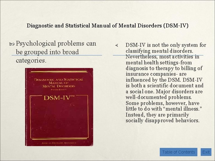 Diagnostic and Statistical Manual of Mental Disorders (DSM-IV) Psychological problems can be grouped into