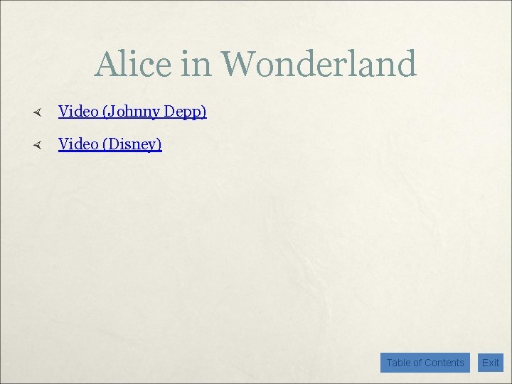 Alice in Wonderland Video (Johnny Depp) Video (Disney) Table of Contents Exit 