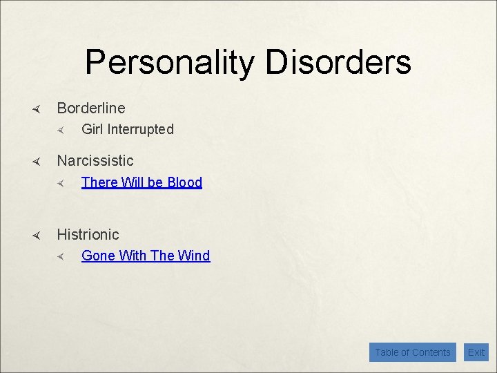 Personality Disorders Borderline Narcissistic Girl Interrupted There Will be Blood Histrionic Gone With The