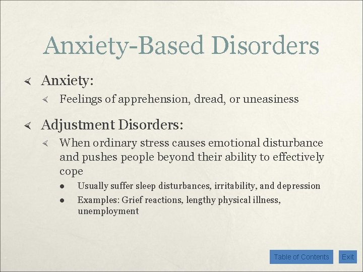 Anxiety-Based Disorders Anxiety: Feelings of apprehension, dread, or uneasiness Adjustment Disorders: When ordinary stress