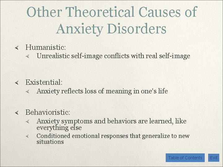 Other Theoretical Causes of Anxiety Disorders Humanistic: Existential: Unrealistic self-image conflicts with real self-image