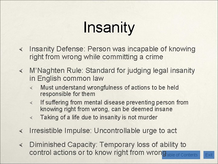 Insanity Defense: Person was incapable of knowing right from wrong while committing a crime