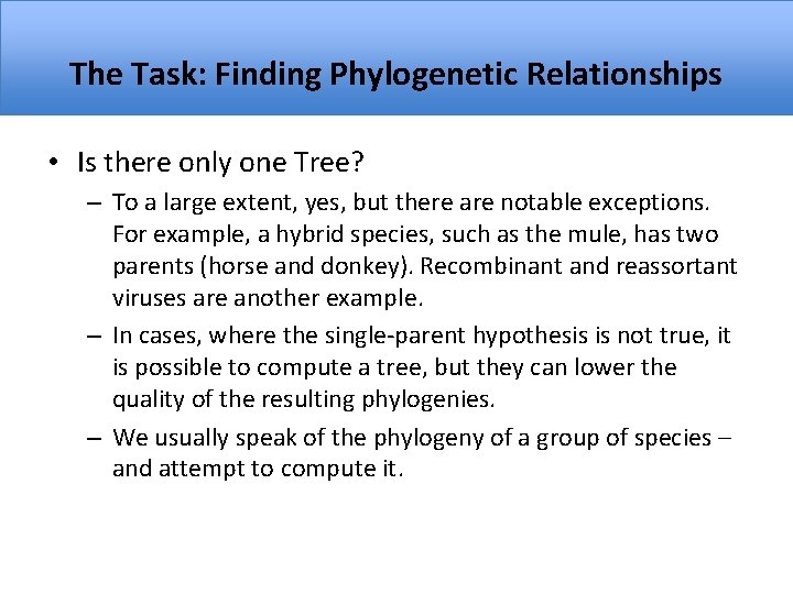 The Task: Finding Phylogenetic Relationships • Is there only one Tree? – To a