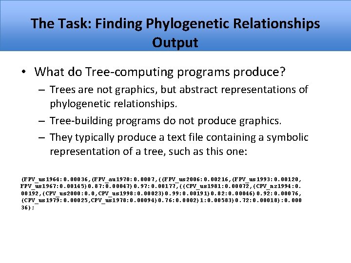 The Task: Finding Phylogenetic Relationships Output • What do Tree-computing programs produce? – Trees