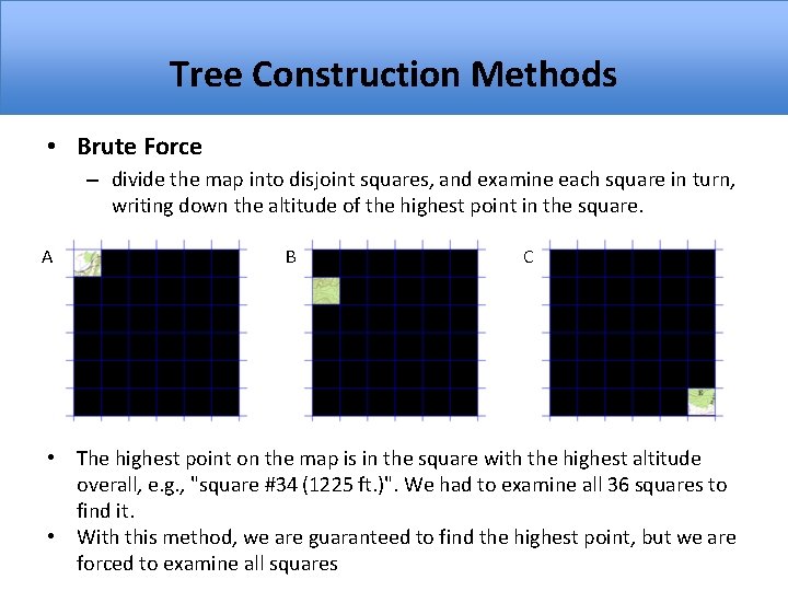 Tree Construction Methods • Brute Force – divide the map into disjoint squares, and
