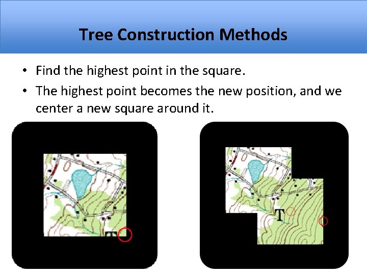 Tree Construction Methods • Find the highest point in the square. • The highest