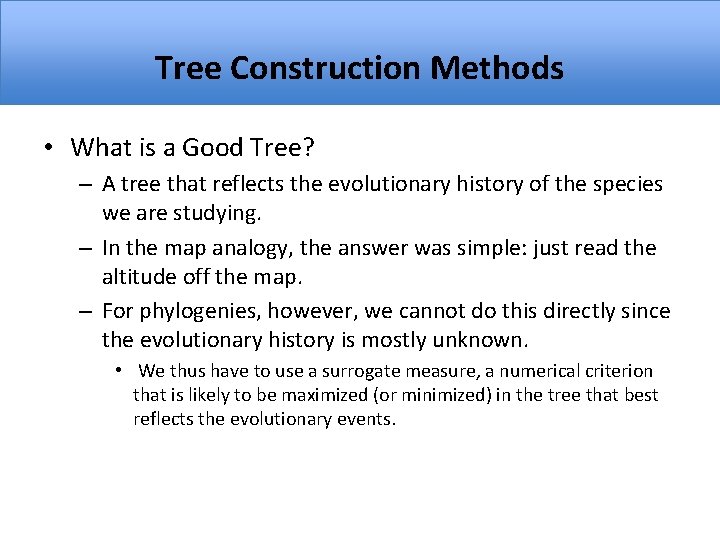 Tree Construction Methods • What is a Good Tree? – A tree that reflects