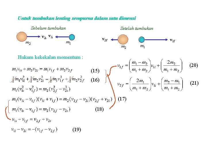 Untuk tumbukan lenting sempurna dalam satu dimensi Sebelum tumbukan m 2 v 2 i