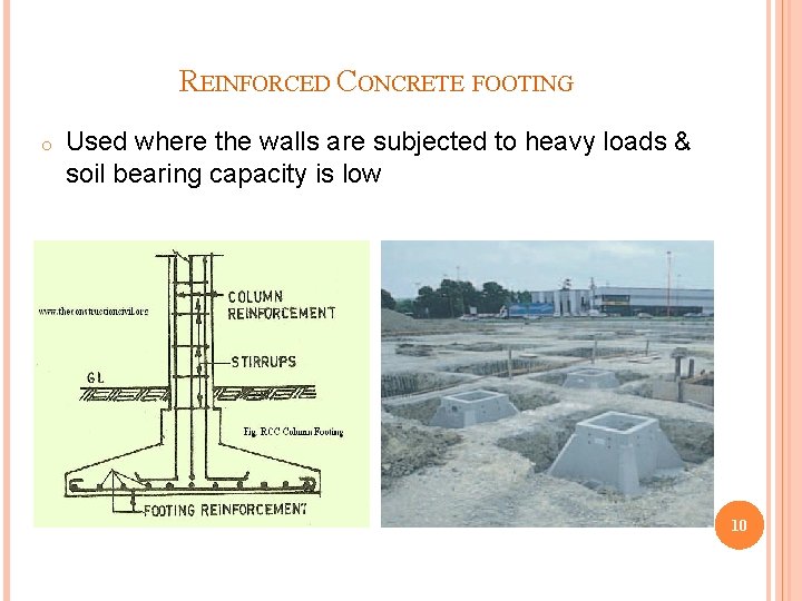 REINFORCED CONCRETE FOOTING o Used where the walls are subjected to heavy loads &