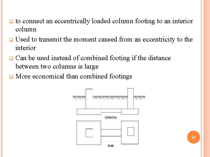 to connect an eccentrically loaded column footing to an interior column q Used to