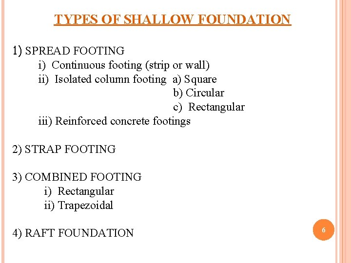 TYPES OF SHALLOW FOUNDATION 1) SPREAD FOOTING i) Continuous footing (strip or wall) ii)