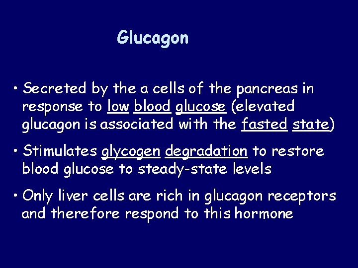 Glucagon • Secreted by the a cells of the pancreas in response to low