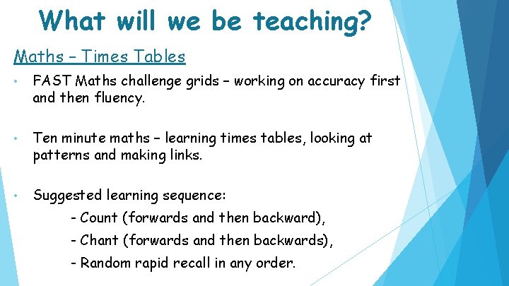 What will we be teaching? Maths – Times Tables • FAST Maths challenge grids
