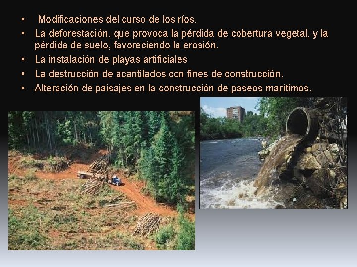  • Modificaciones del curso de los ríos. • La deforestación, que provoca la