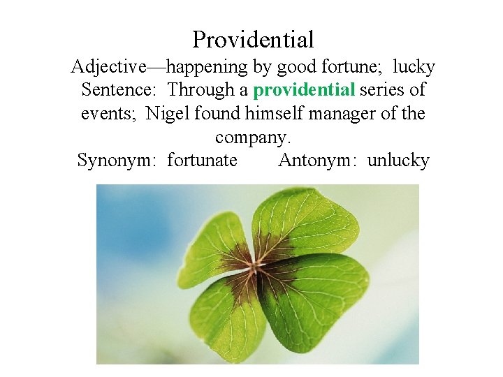 Providential Adjective—happening by good fortune; lucky Sentence: Through a providential series of events; Nigel