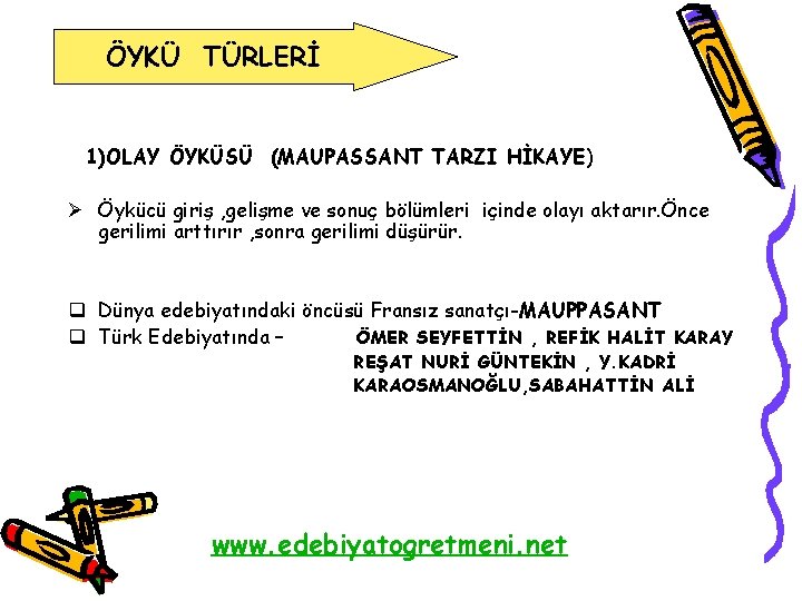 ÖYKÜ TÜRLERİ 1)OLAY ÖYKÜSÜ (MAUPASSANT TARZI HİKAYE) Ø Öykücü giriş , gelişme ve sonuç