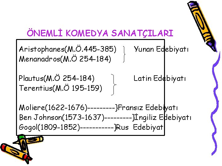 ÖNEMLİ KOMEDYA SANATÇILARI Aristophanes(M. Ö. 445 -385) Menanadros(M. Ö 254 -184) Yunan Edebiyatı Plautus(M.