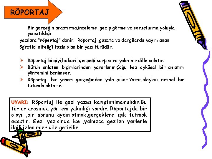 RÖPORTAJ Bir gerçeğin araştırma, inceleme , gezip görme ve soruşturma yoluyla yansıtıldığı yazılara “röportaj”
