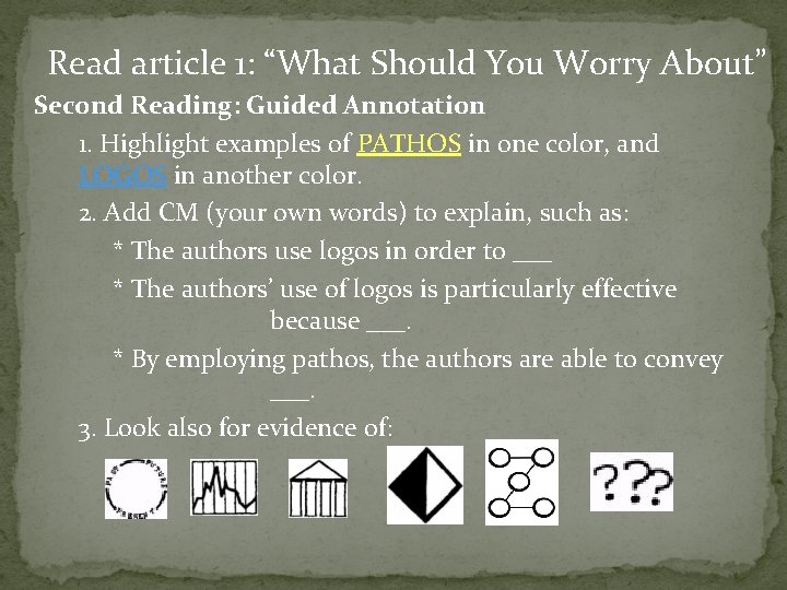 Read article 1: “What Should You Worry About” Second Reading: Guided Annotation 1. Highlight