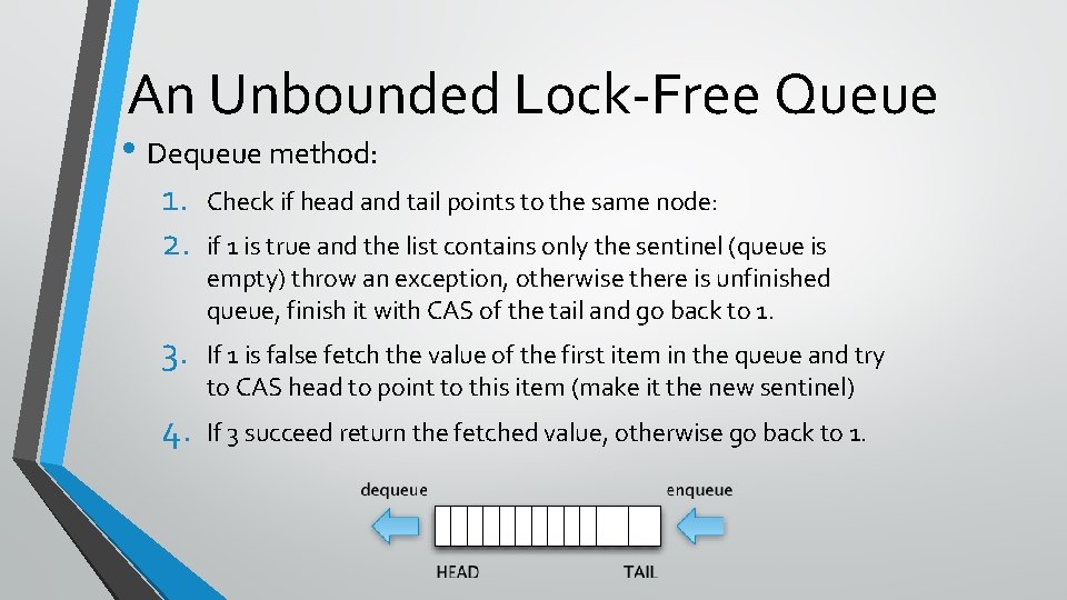 An Unbounded Lock-Free Queue • Dequeue method: 1. 2. Check if head and tail
