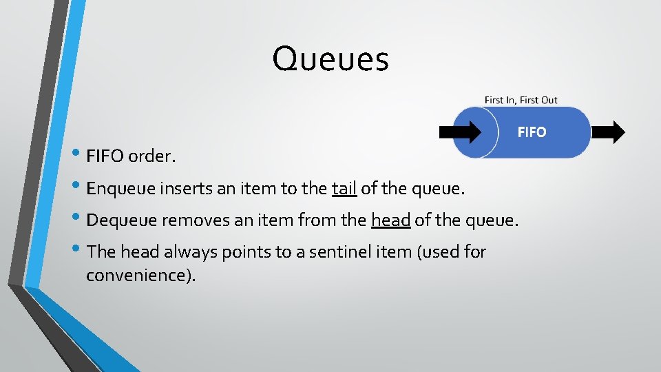 Queues • FIFO order. • Enqueue inserts an item to the tail of the