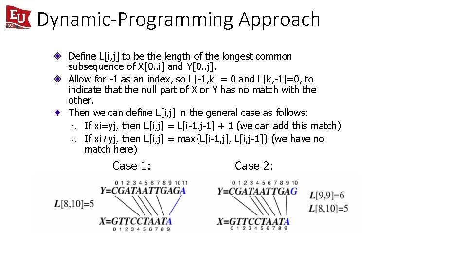 Dynamic-Programming Approach Define L[i, j] to be the length of the longest common subsequence
