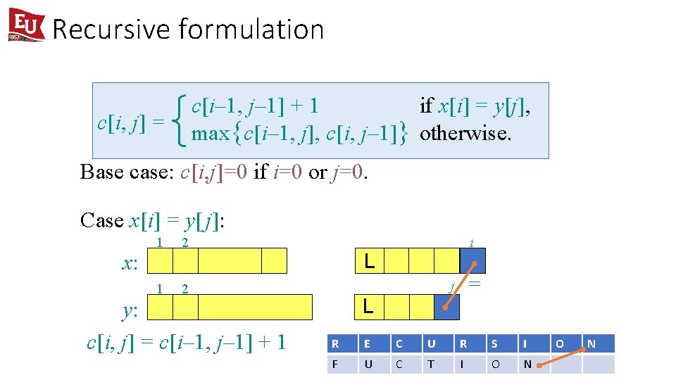 Recursive formulation c[i– 1, j– 1] + 1 if x[i] = y[j], max{c[i– 1,
