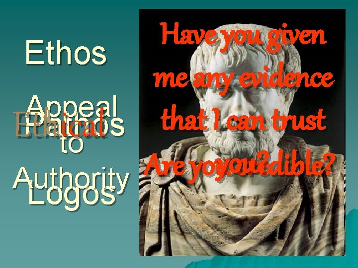 Ethos Appeal Pathos Eth ical to Authority Logos Have you given me any evidence