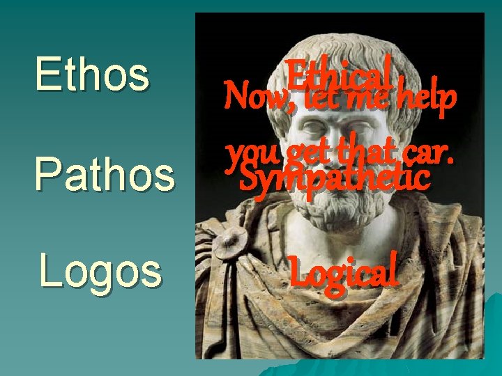 Ethos Ethical Now, let me help Pathos you get that car. Logos Logical Sympathetic