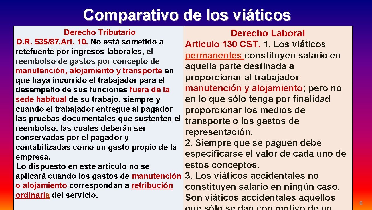 Comparativo de los viáticos Derecho Tributario Derecho Laboral D. R. 535/87. Art. 10. No