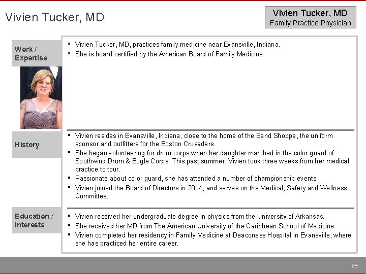 Vivien Tucker, MD Work / Expertise History Family Practice Physician ▪ ▪ Vivien Tucker,