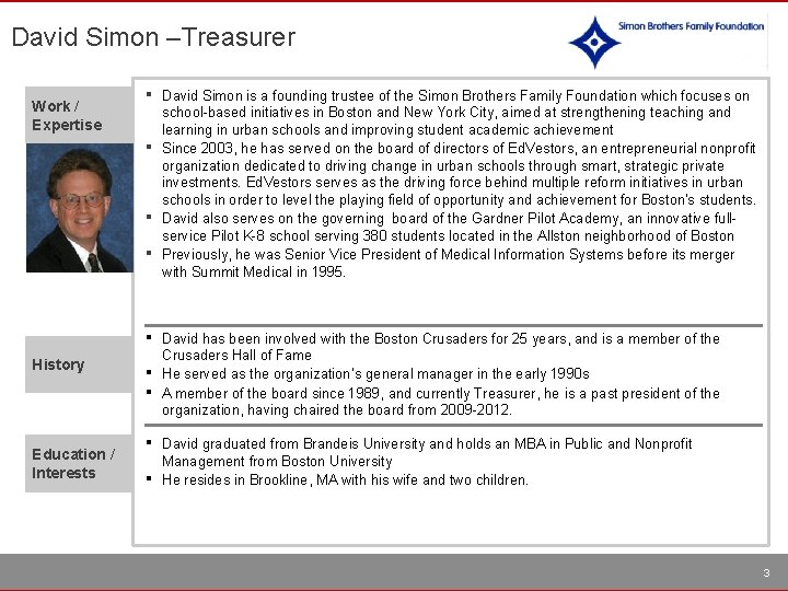 David Simon –Treasurer Work / Expertise ▪ ▪ ▪ History Education / Interests ▪