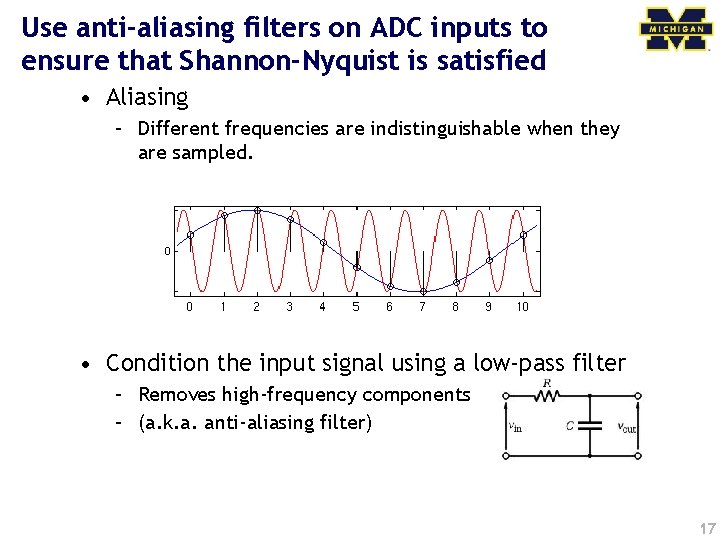 Use anti-aliasing filters on ADC inputs to ensure that Shannon-Nyquist is satisfied • Aliasing