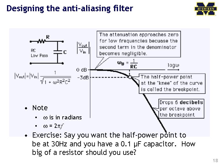 Designing the anti-aliasing filter • Note • w is in radians • w =