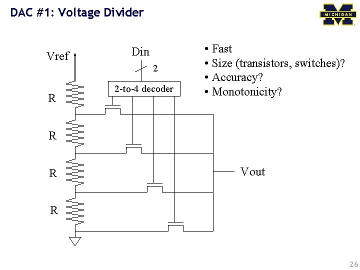 DAC #1: Voltage Divider Vref R Din 2 2 -to-4 decoder • Fast •