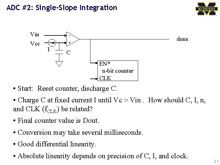 ADC #2: Single-Slope Integration Vin + _ Vcc done I C EN* n-bit counter