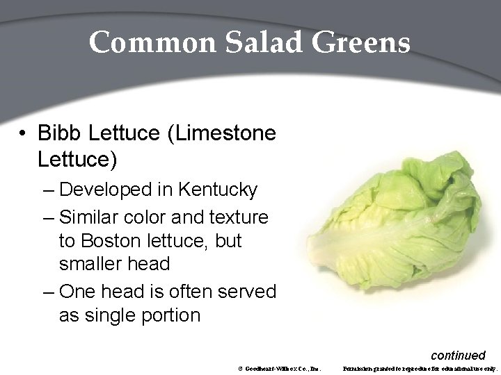 Common Salad Greens • Bibb Lettuce (Limestone Lettuce) – Developed in Kentucky – Similar