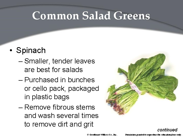 Common Salad Greens • Spinach – Smaller, tender leaves are best for salads –