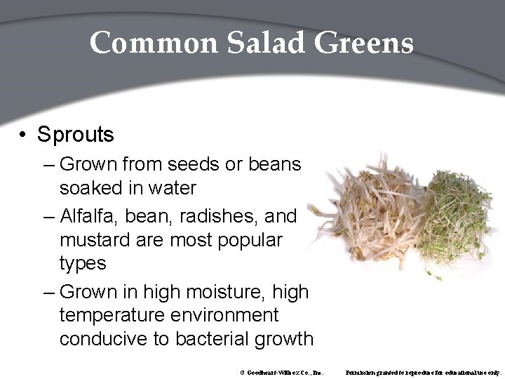 Common Salad Greens • Sprouts – Grown from seeds or beans soaked in water