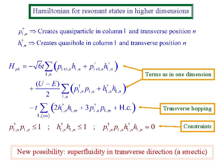 Hamiltonian for resonant states in higher dimensions Terms as in one dimension Transverse hopping