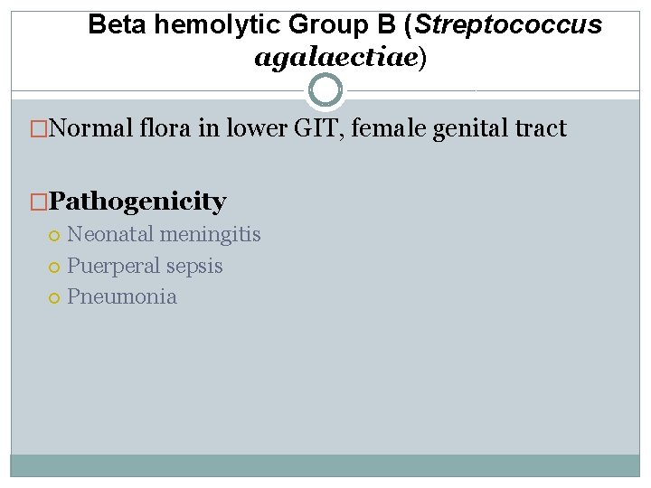 Beta hemolytic Group B (Streptococcus agalaectiae) �Normal flora in lower GIT, female genital tract