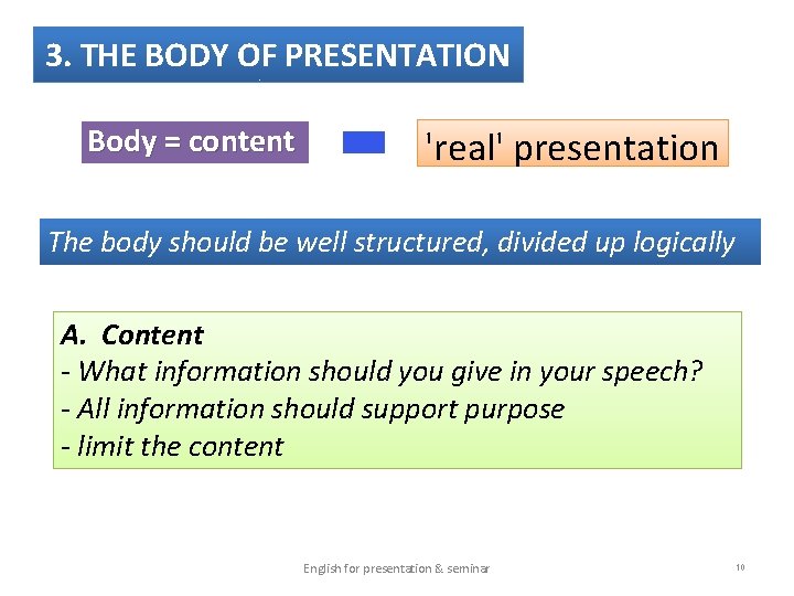 3. THE BODY OF PRESENTATION Body = content 'real' presentation The body should be