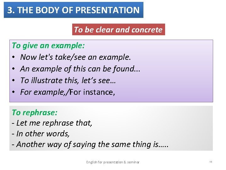 3. THE BODY OF PRESENTATION To be clear and concrete To give an example: