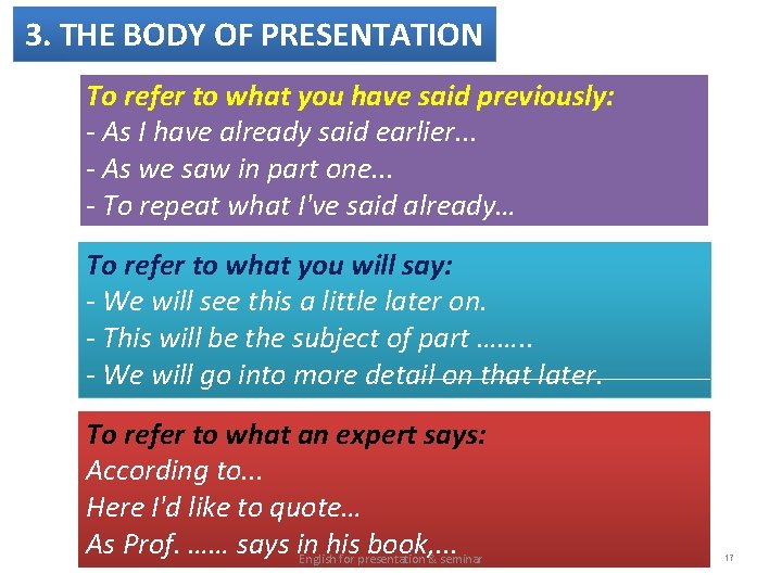 3. THE BODY OF PRESENTATION To refer to what you have said previously: -
