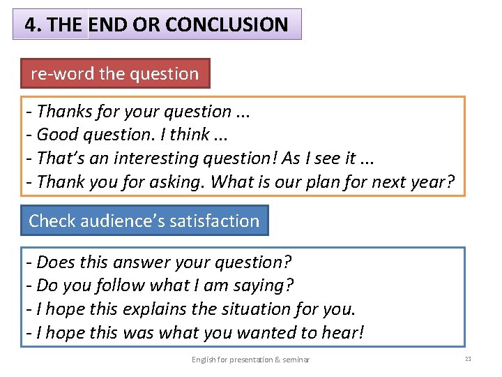 4. THE END OR CONCLUSION re-word the question - Thanks for your question. .